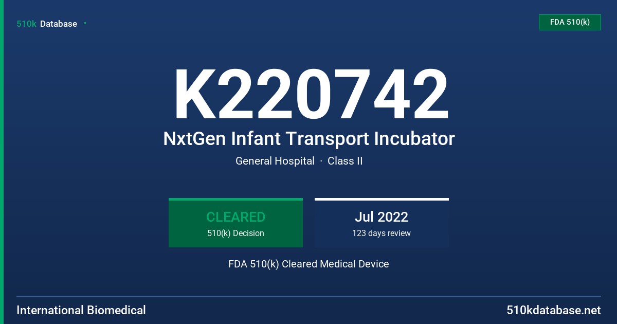 K220742 NxtGen Infant Transport Incubator FDA 510(k) Cleared Medical Device