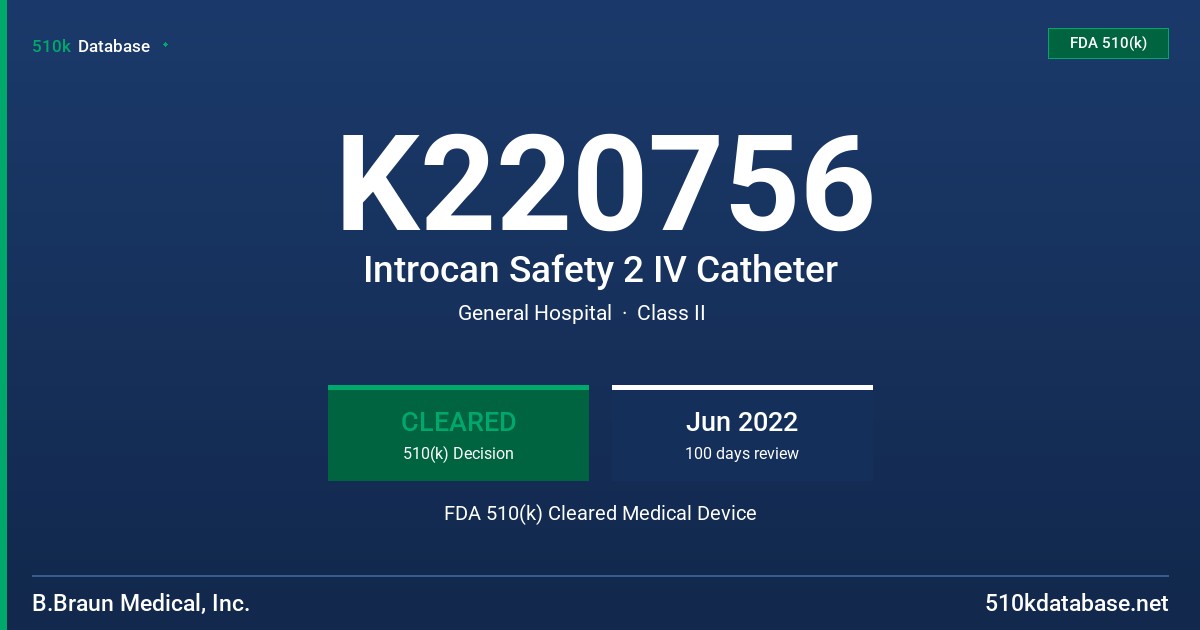 K220756 Introcan Safety 2 IV Catheter FDA 510(k) Cleared Medical Device