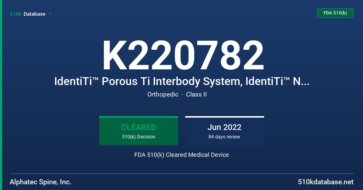 K220782 IdentiTi™ Porous Ti Interbody System, IdentiTi™ NanoTec™ Interbody System, Transcend™ PEEK Interbody System, Transcend™ NanoTec™ Interbody System, IdentiTi™ ALIF Standalone Interbody System, IdentiTi™ NanoTec™ ALIF Standalone Interbody System, IdentiTi™ Cervical Standalone Interbody System, IdentiTi™ NanoTec™ Cervical Standalone Interbody System FDA 510(k) Cleared Medical Device