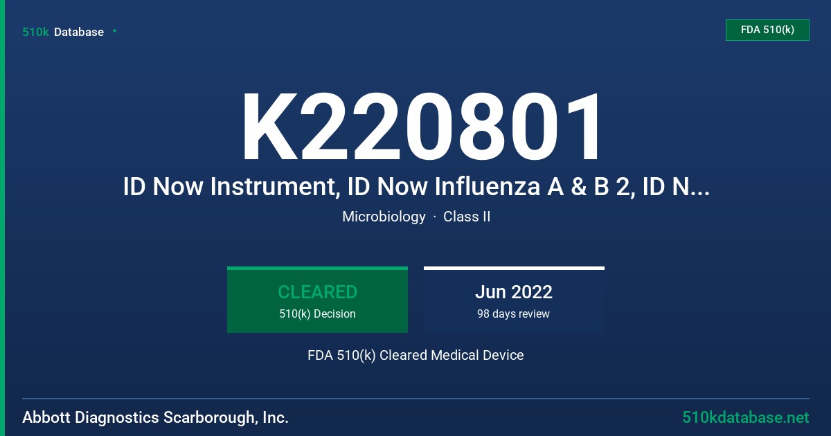 K220801 ID Now Instrument, ID Now Influenza A & B 2, ID NOW Strep A 2 FDA 510(k) Cleared Medical Device
