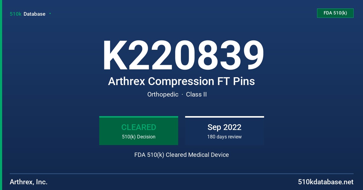K220839 Arthrex Compression FT Pins FDA 510(k) Cleared Medical Device