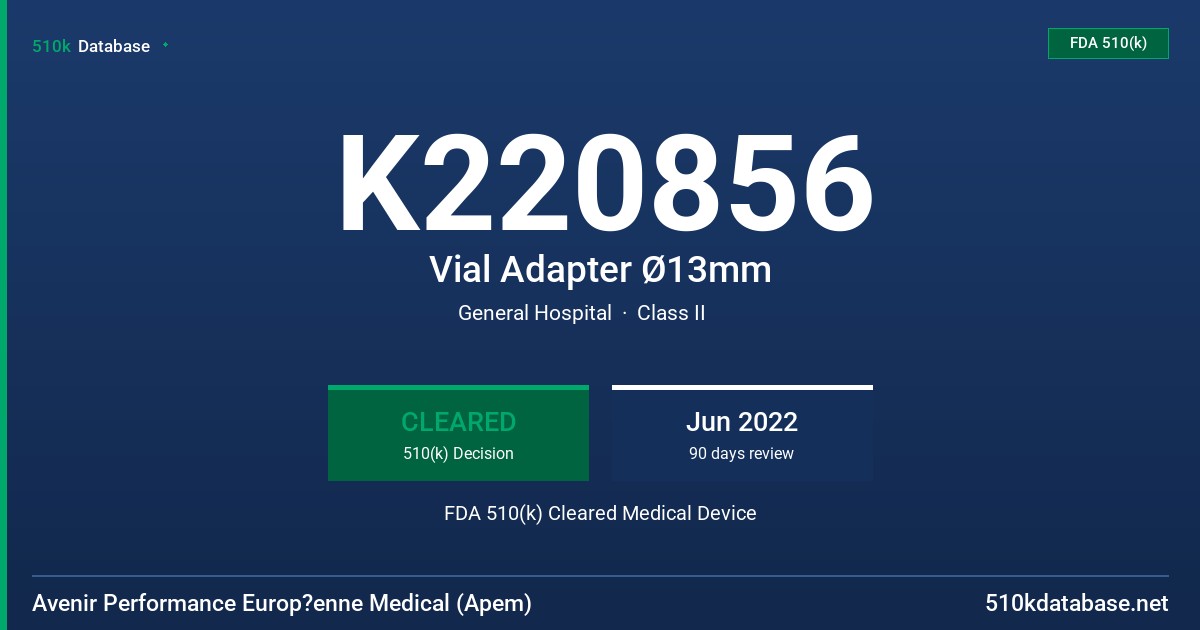 K220856 Vial Adapter Ø13mm FDA 510(k) Cleared Medical Device