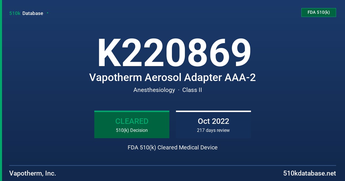 K220869 Vapotherm Aerosol Adapter AAA-2 FDA 510(k) Cleared Medical Device