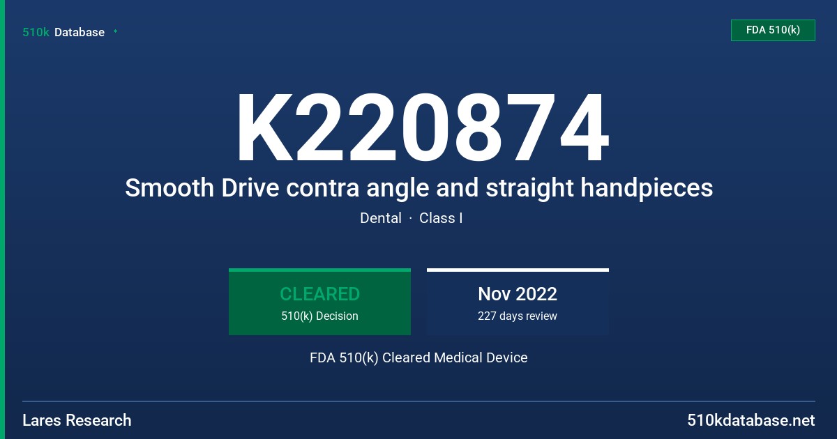K220874 Smooth Drive contra angle and straight handpieces FDA 510(k) Cleared Medical Device