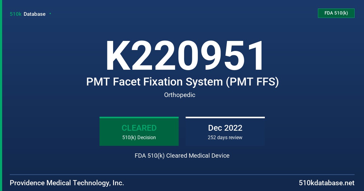 K220951 PMT Facet Fixation System (PMT FFS) FDA 510(k) Cleared Medical Device
