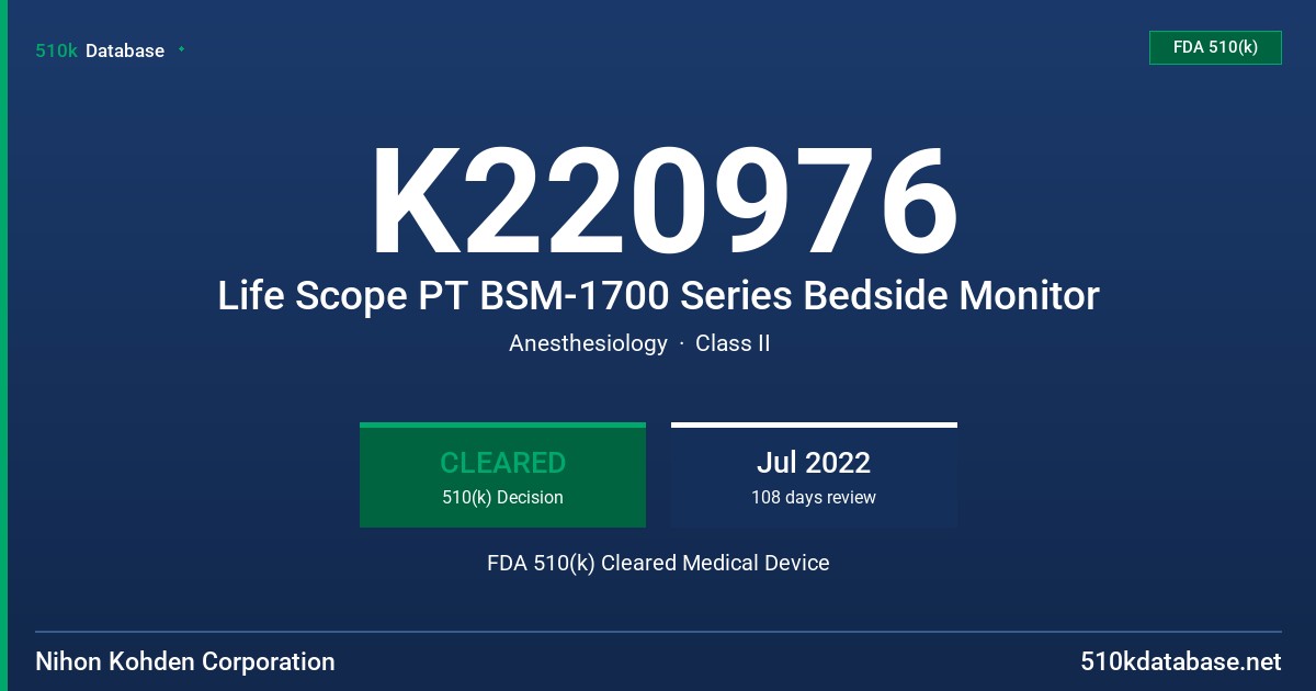 K220976 Life Scope PT BSM-1700 Series Bedside Monitor FDA 510(k) Cleared Medical Device