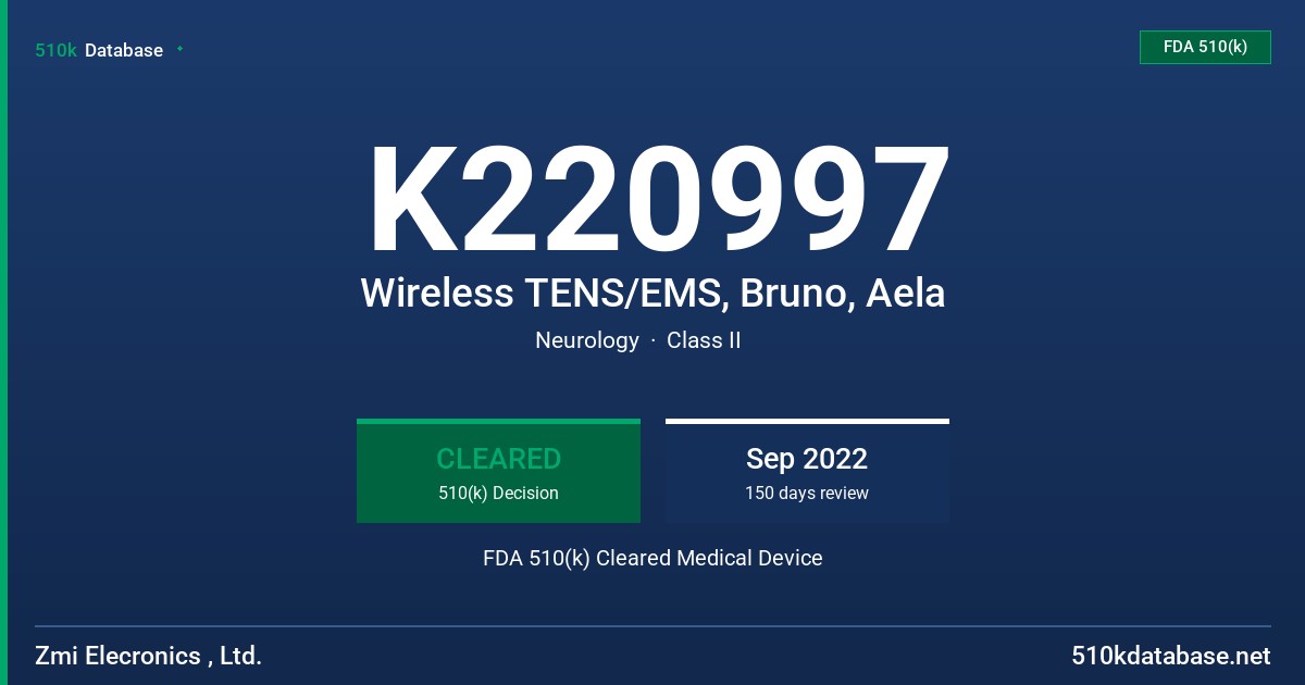 K220997 Wireless TENS/EMS, Bruno, Aela FDA 510(k) Cleared Medical Device