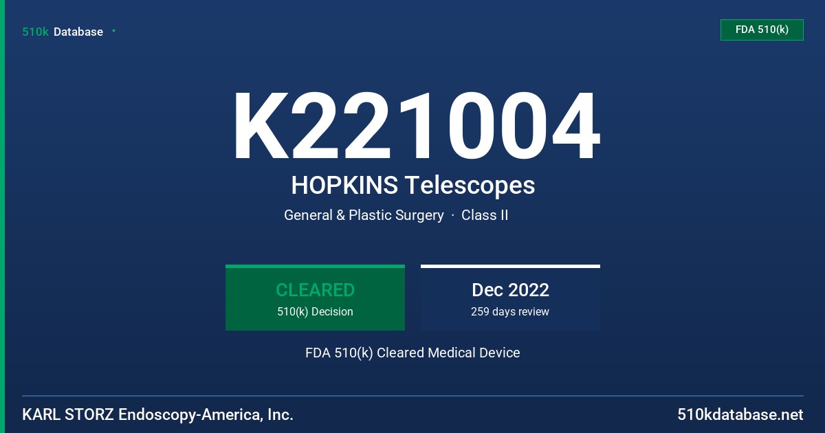K221004 HOPKINS Telescopes FDA 510(k) Cleared Medical Device