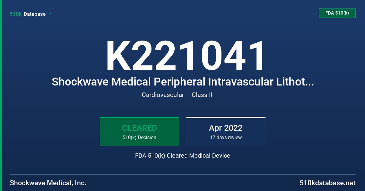 K221041 Shockwave Medical Peripheral Intravascular Lithotripsy (IVL) System FDA 510(k) Cleared Medical Device