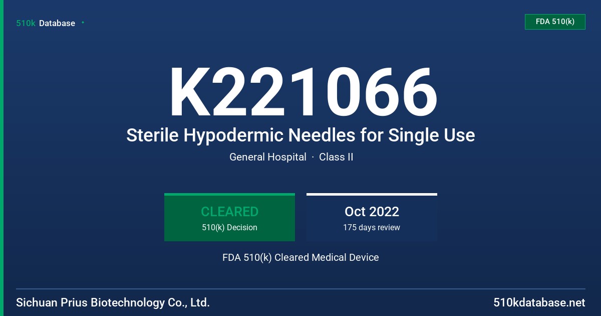 K221066 Sterile Hypodermic Needles for Single Use FDA 510(k) Cleared Medical Device