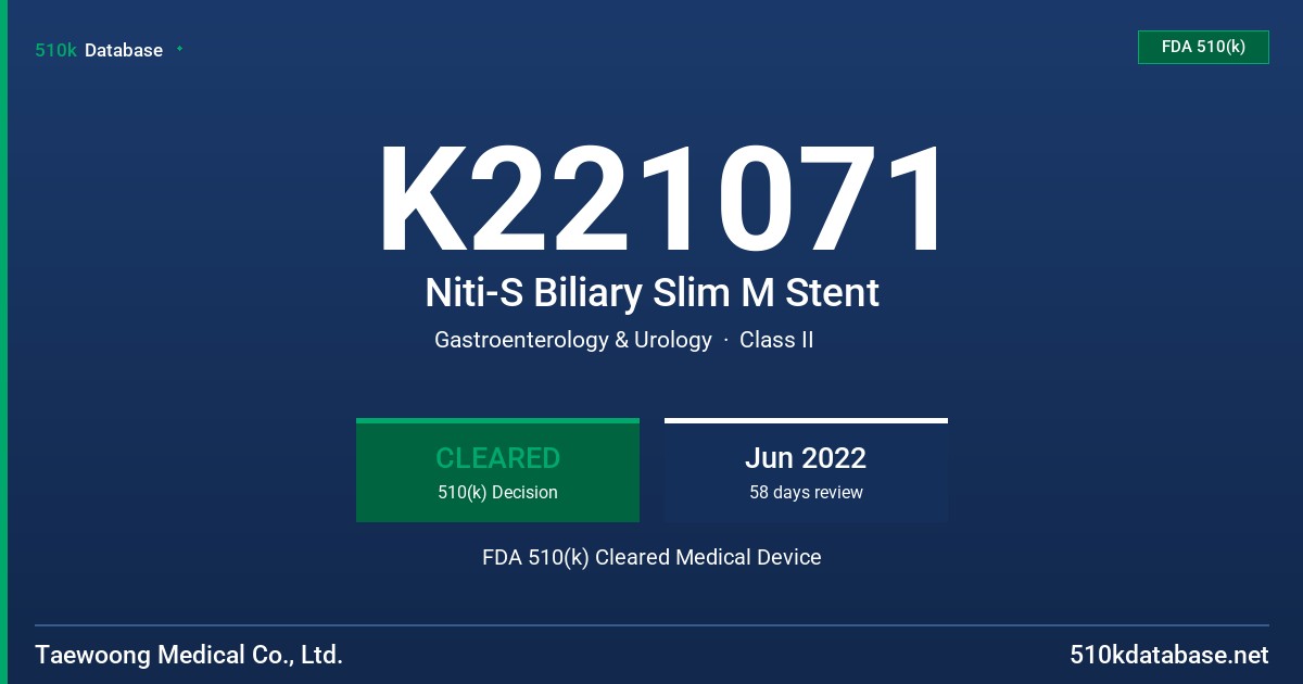 K221071 Niti-S Biliary Slim M Stent FDA 510(k) Cleared Medical Device