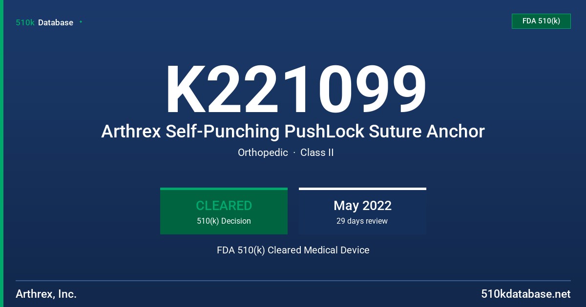 K221099 Arthrex Self-Punching PushLock Suture Anchor FDA 510(k) Cleared Medical Device