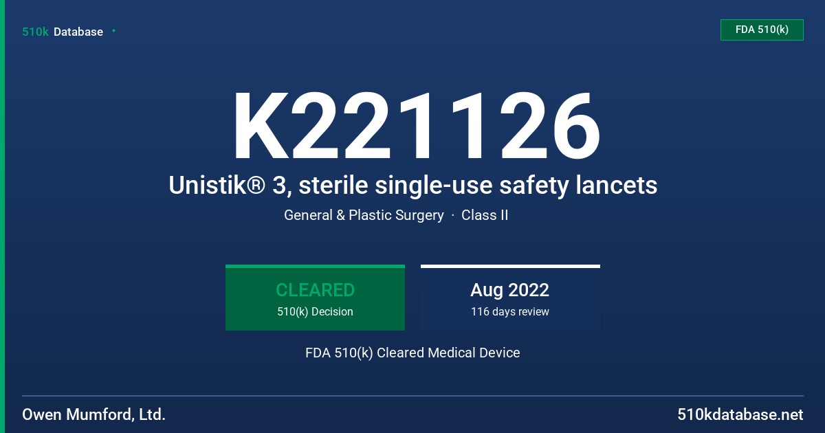 K221126 Unistik® 3, sterile single-use safety lancets FDA 510(k) Cleared Medical Device