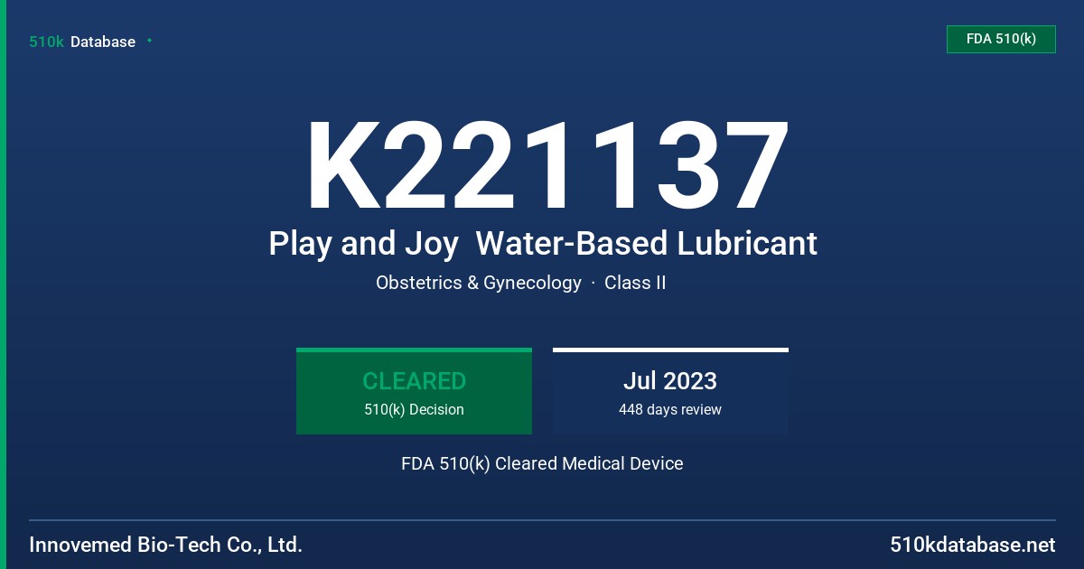 K221137 Play and Joy  Water-Based Lubricant FDA 510(k) Cleared Medical Device