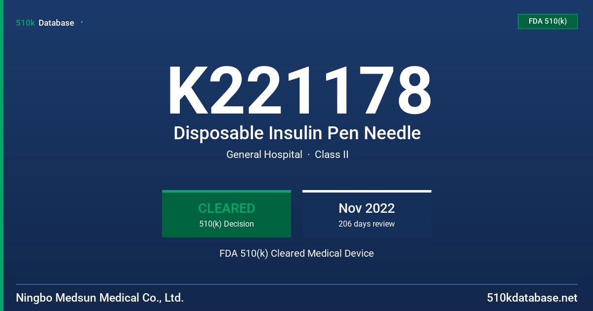 K221178 Disposable Insulin Pen Needle FDA 510(k) Cleared Medical Device