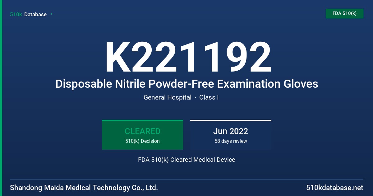 K221192 Disposable Nitrile Powder-Free Examination Gloves FDA 510(k) Cleared Medical Device