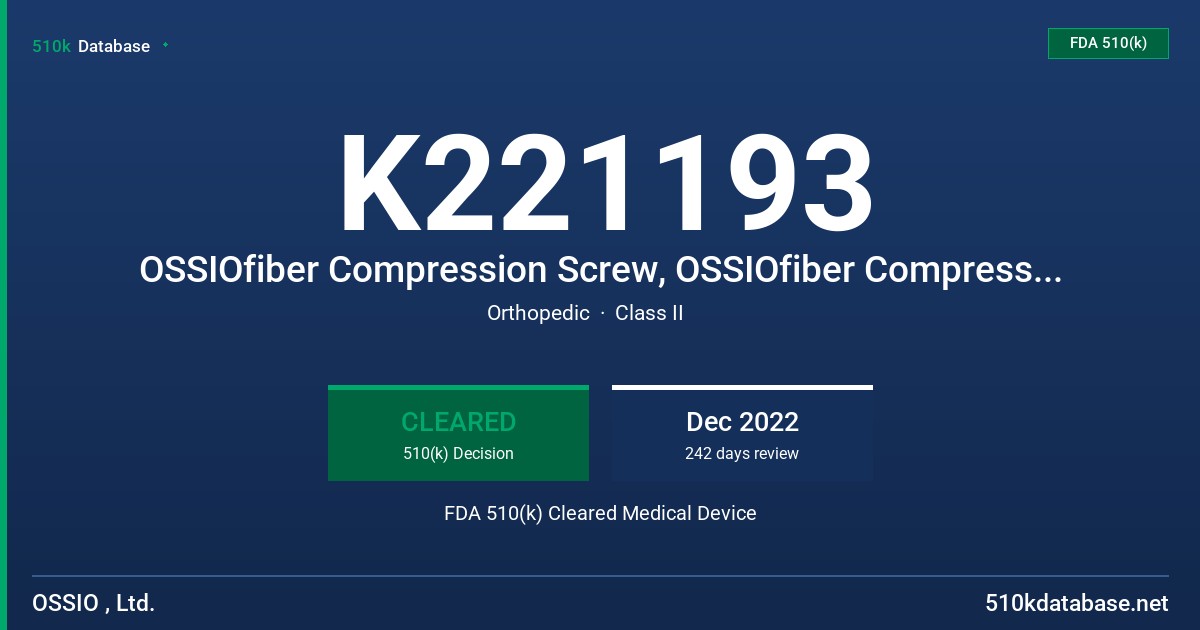 K221193 OSSIOfiber Compression Screw, OSSIOfiber Compression Screw, 6.5mm FDA 510(k) Cleared Medical Device
