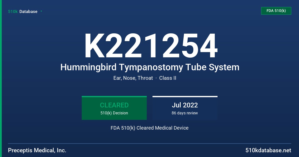 K221254 Hummingbird Tympanostomy Tube System FDA 510(k) Cleared Medical Device