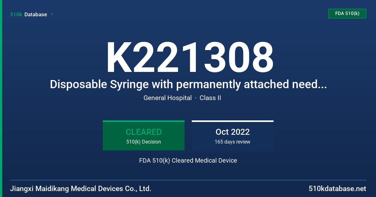 K221308 Disposable Syringe with permanently attached needle, Safety Syringe with permanently attached needle FDA 510(k) Cleared Medical Device