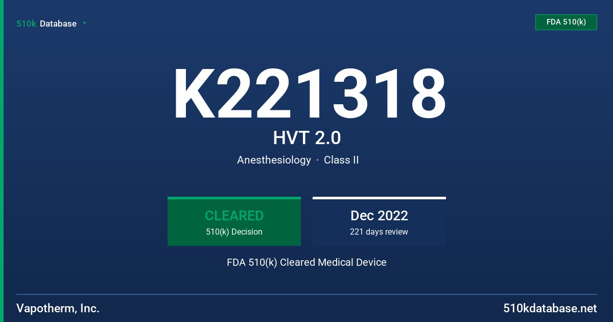 K221318 HVT 2.0 FDA 510(k) Cleared Medical Device