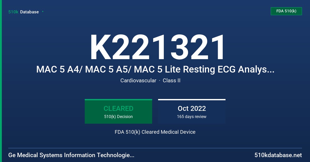 K221321 MAC 5 A4/ MAC 5 A5/ MAC 5 Lite Resting ECG Analysis System FDA 510(k) Cleared Medical Device