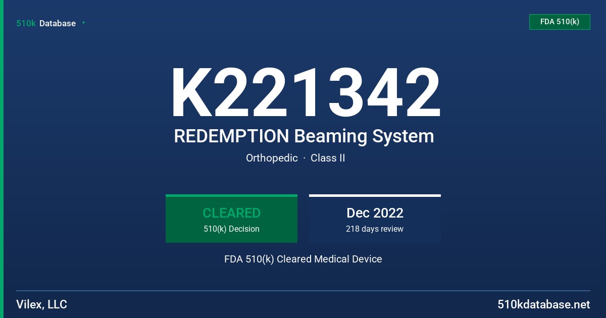 K221342 REDEMPTION Beaming System FDA 510(k) Cleared Medical Device