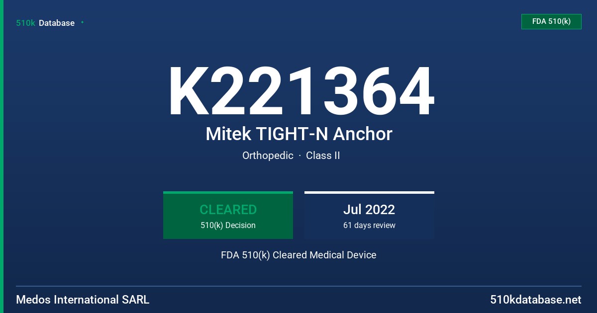 K221364 Mitek TIGHT-N Anchor FDA 510(k) Cleared Medical Device
