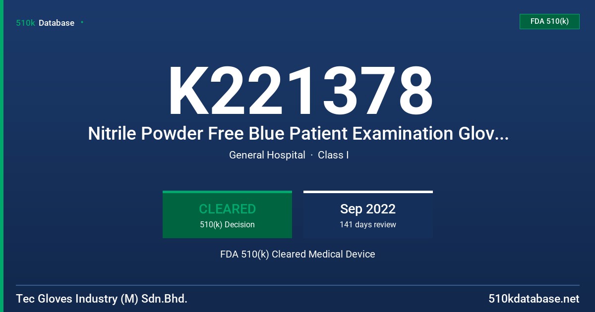 K221378 Nitrile Powder Free Blue Patient Examination Gloves, Non-Sterile FDA 510(k) Cleared Medical Device