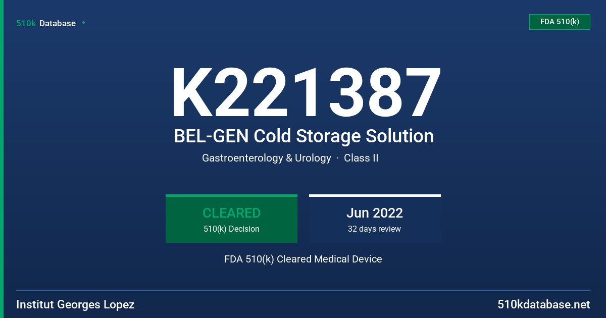K221387 BEL-GEN Cold Storage Solution FDA 510(k) Cleared Medical Device