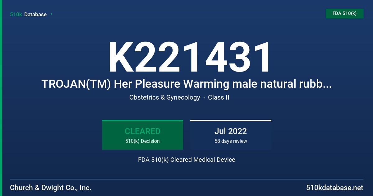 K221431 TROJAN(TM) Her Pleasure Warming male natural rubber latex condom with warming lubricant FDA 510(k) Cleared Medical Device