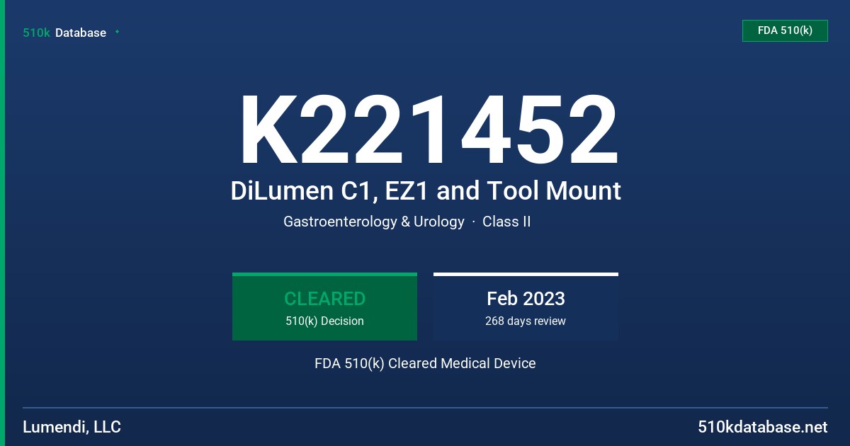 K221452 DiLumen C1, EZ1 and Tool Mount FDA 510(k) Cleared Medical Device