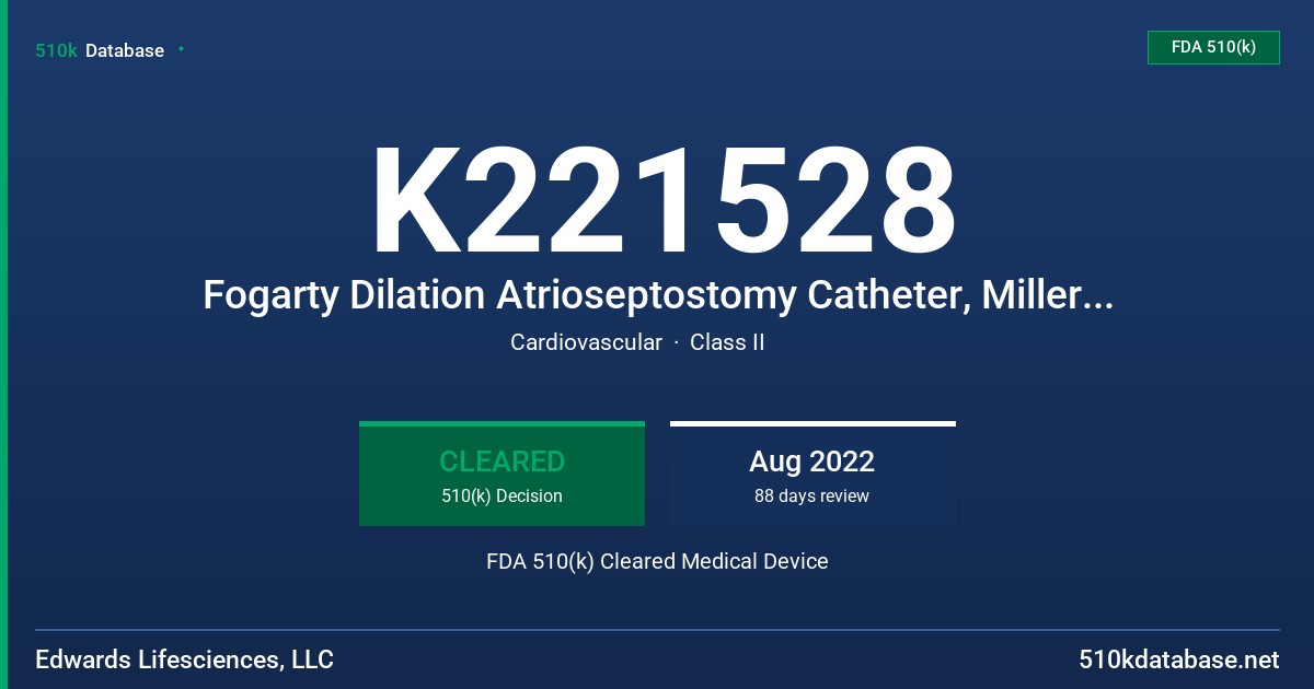 K221528 Fogarty Dilation Atrioseptostomy Catheter, Miller Balloon Atrioseptostomy Catheter FDA 510(k) Cleared Medical Device