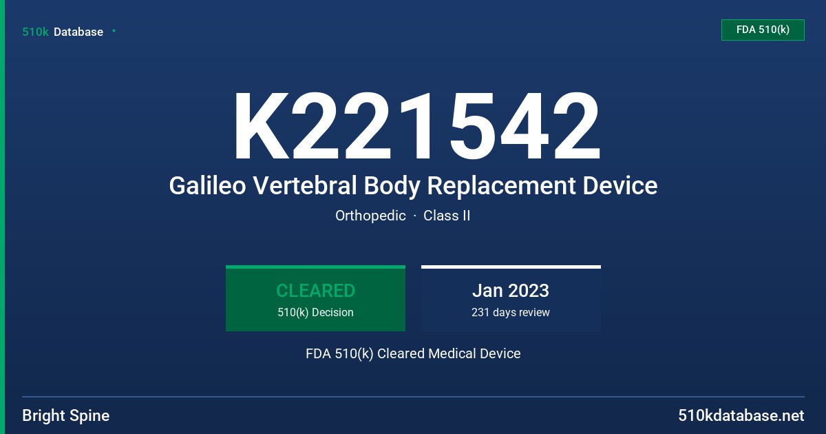 K221542 Galileo Vertebral Body Replacement Device FDA 510(k) Cleared Medical Device