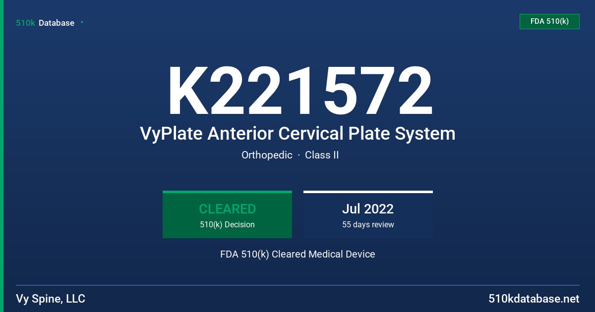 K221572 VyPlate Anterior Cervical Plate System FDA 510(k) Cleared Medical Device