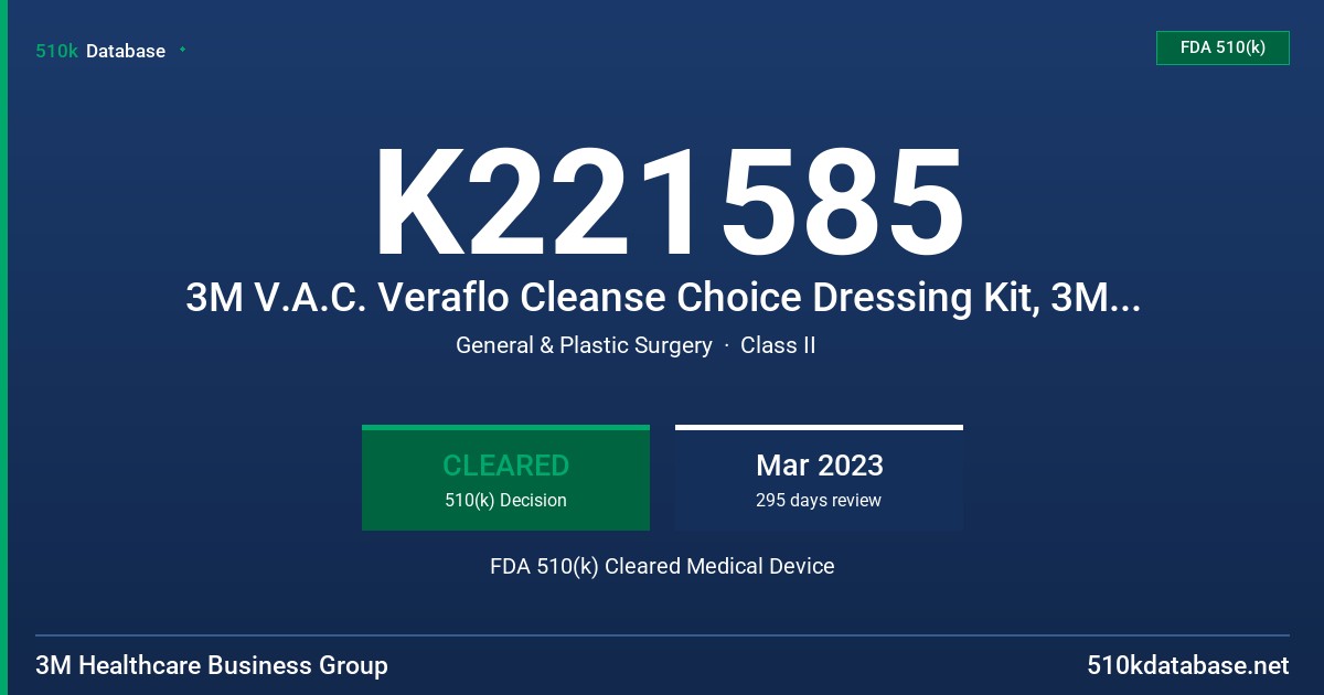 K221585 3M V.A.C. Veraflo Cleanse Choice Dressing Kit, 3M Veraflo Cleanse Choice Complete Dressing Kit FDA 510(k) Cleared Medical Device