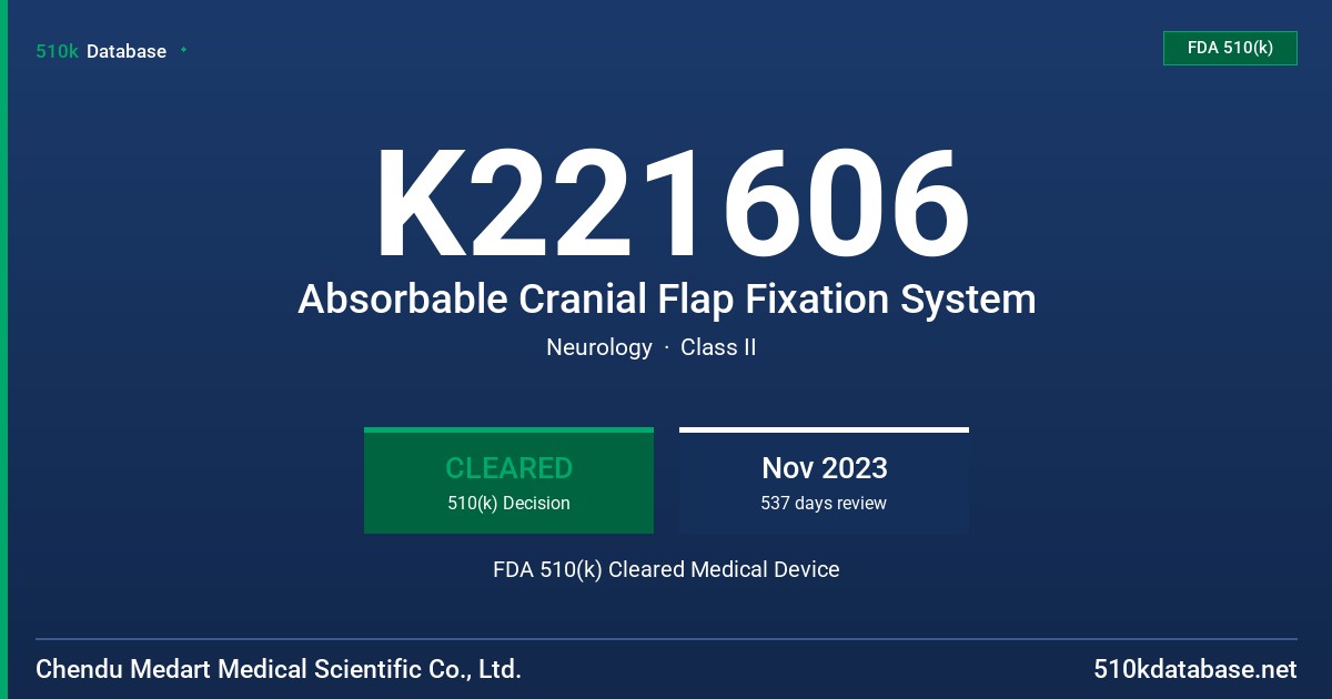 K221606 Absorbable Cranial Flap Fixation System FDA 510(k) Cleared Medical Device