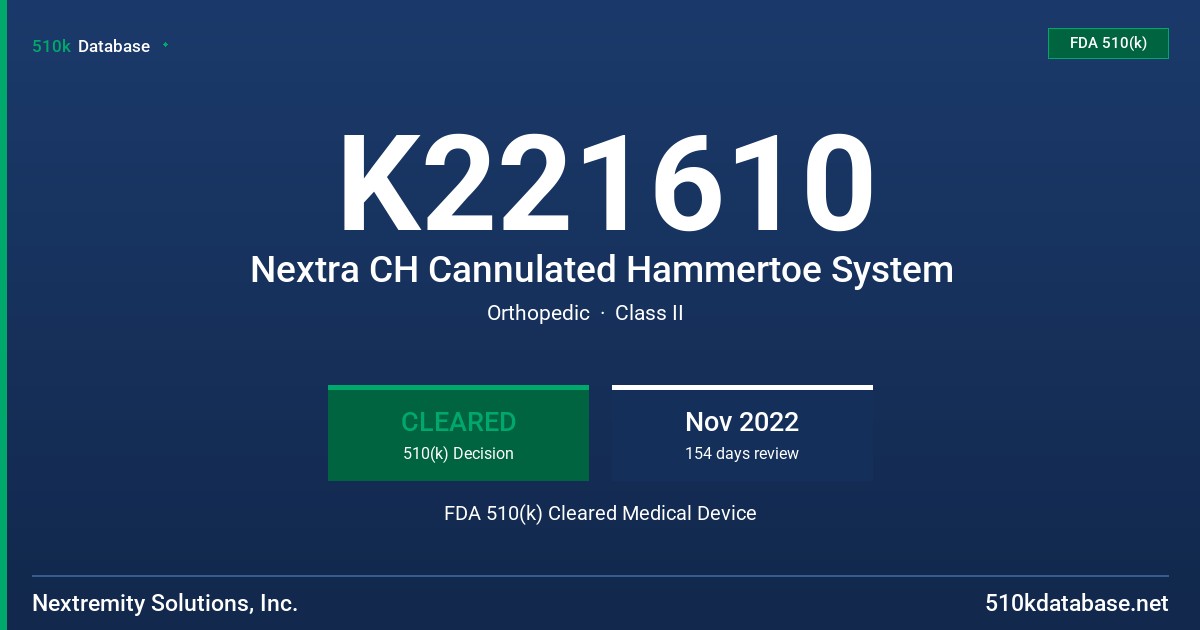 K221610 Nextra CH Cannulated Hammertoe System FDA 510(k) Cleared Medical Device