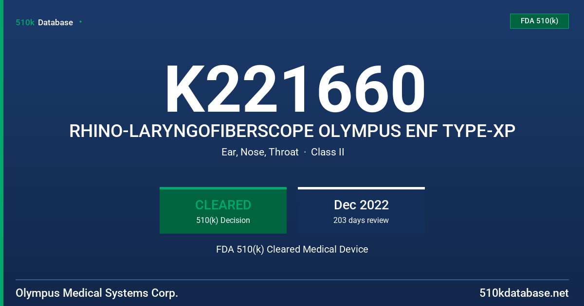 K221660 RHINO-LARYNGOFIBERSCOPE OLYMPUS ENF TYPE-XP FDA 510(k) Cleared Medical Device