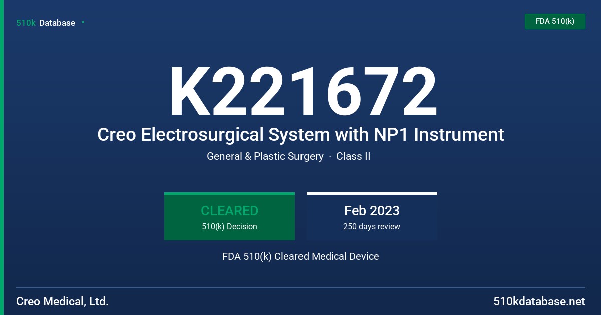 K221672 Creo Electrosurgical System with NP1 Instrument FDA 510(k) Cleared Medical Device