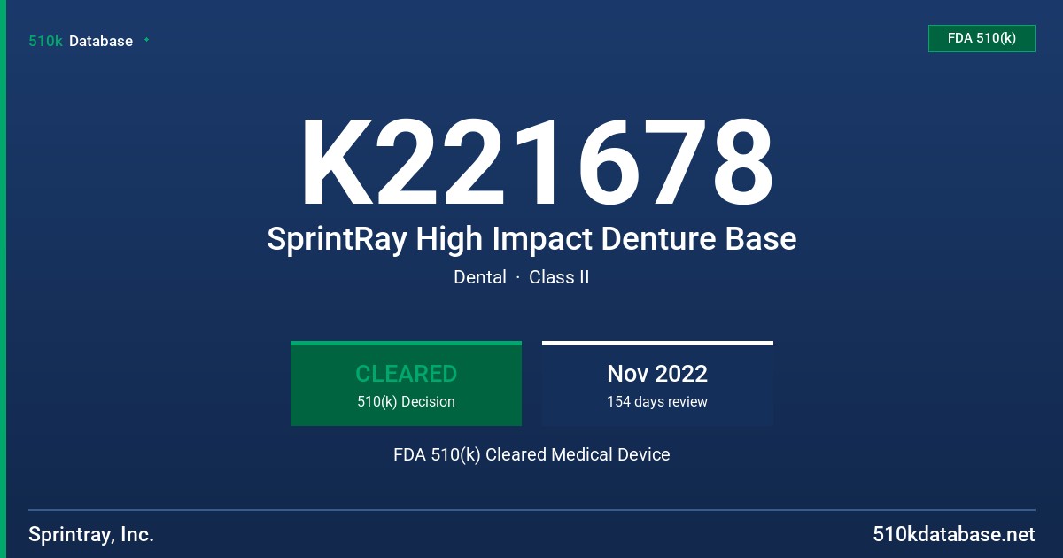 K221678 SprintRay High Impact Denture Base FDA 510(k) Cleared Medical Device
