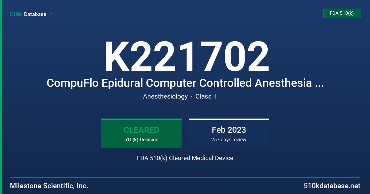 K221702 CompuFlo Epidural Computer Controlled Anesthesia System FDA 510(k) Cleared Medical Device