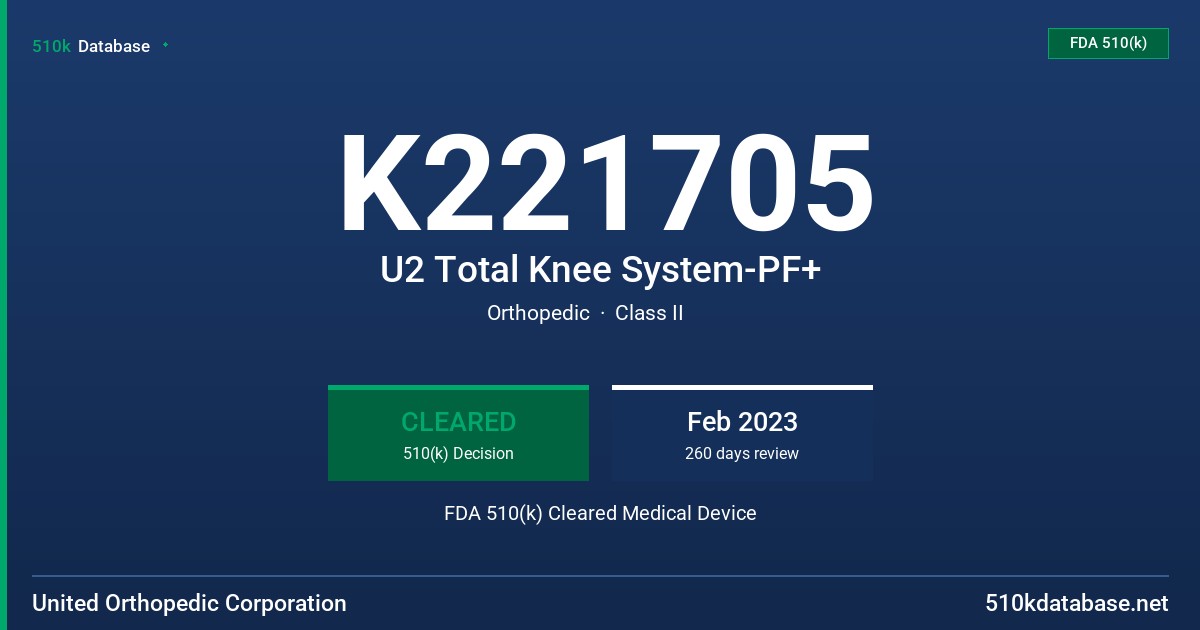 K221705 U2 Total Knee System-PF+ FDA 510(k) Cleared Medical Device