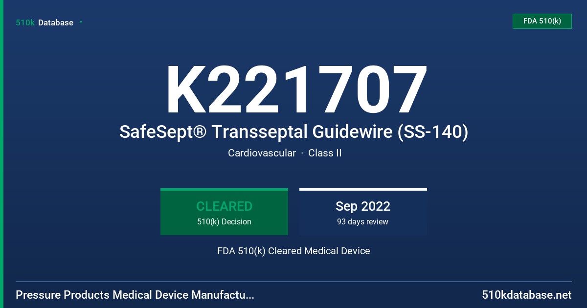 K221707 SafeSept® Transseptal Guidewire (SS-140) FDA 510(k) Cleared Medical Device