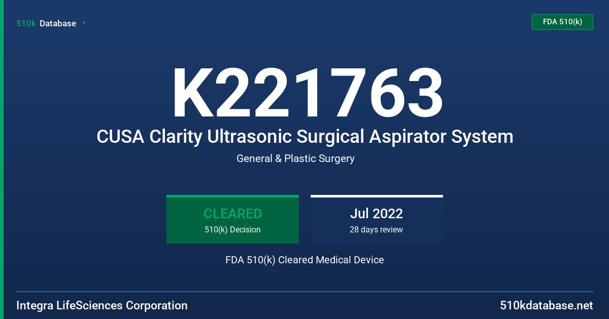 K221763 CUSA Clarity Ultrasonic Surgical Aspirator System FDA 510(k) Cleared Medical Device