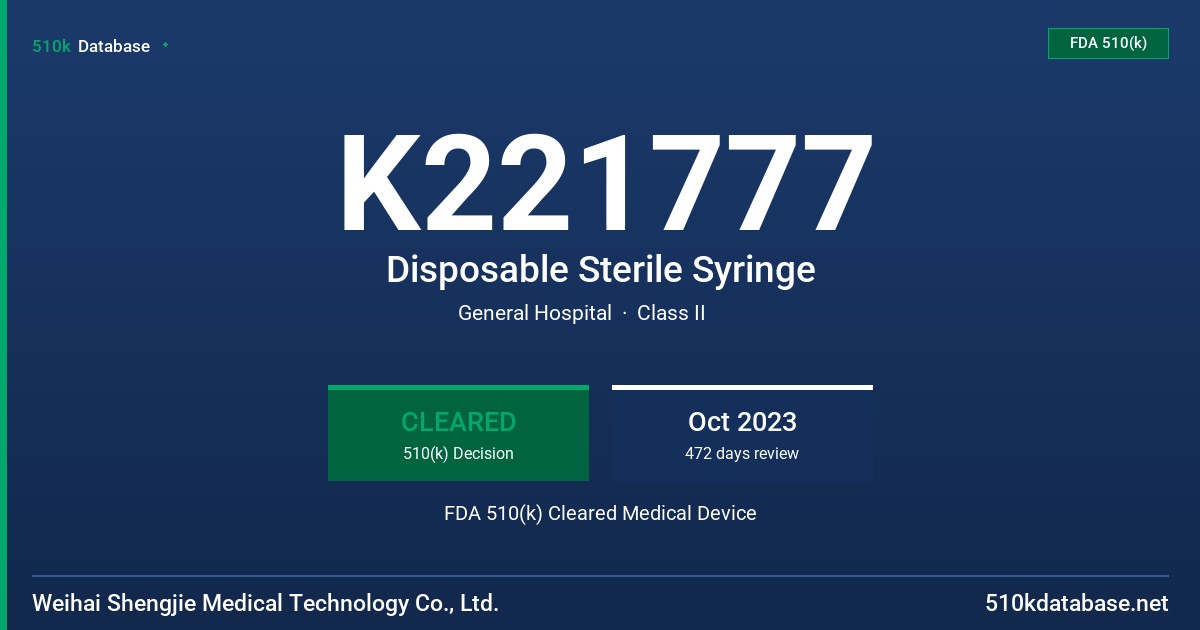 K221777 Disposable Sterile Syringe FDA 510(k) Cleared Medical Device