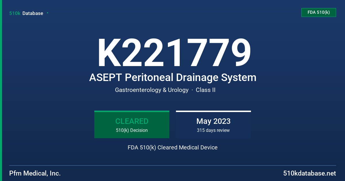 K221779 ASEPT Peritoneal Drainage System FDA 510(k) Cleared Medical Device
