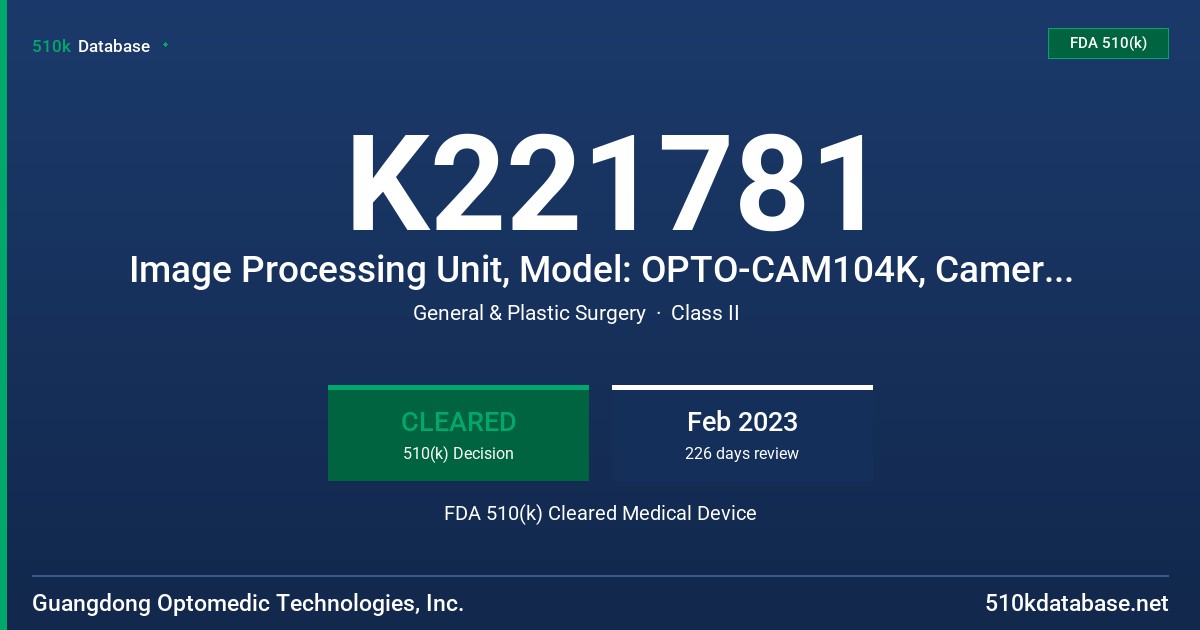 K221781 Image Processing Unit, Model: OPTO-CAM104K, Camera Head, Model: OPTO-CHD104KH FDA 510(k) Cleared Medical Device