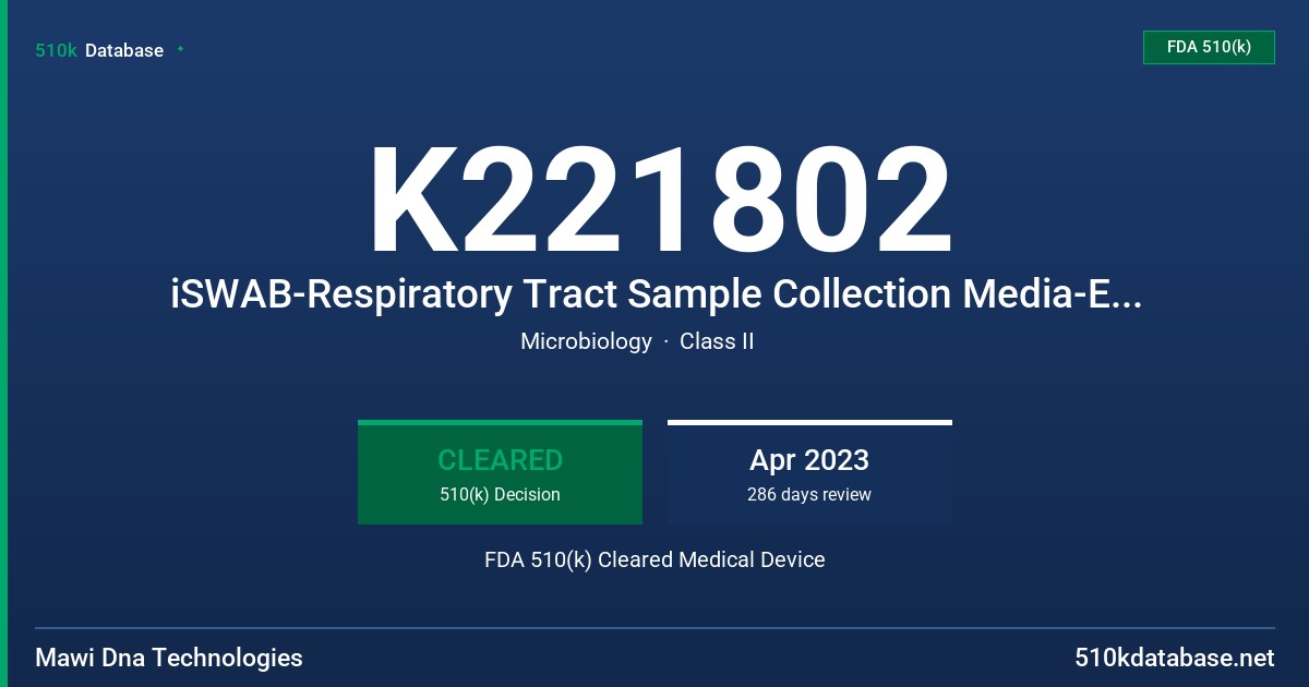 K221802 iSWAB-Respiratory Tract Sample Collection Media-Extraction Less (iSWAB-RC-EL) FDA 510(k) Cleared Medical Device