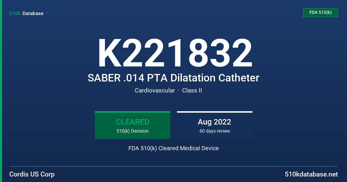 K221832 SABER .014 PTA Dilatation Catheter FDA 510(k) Cleared Medical Device