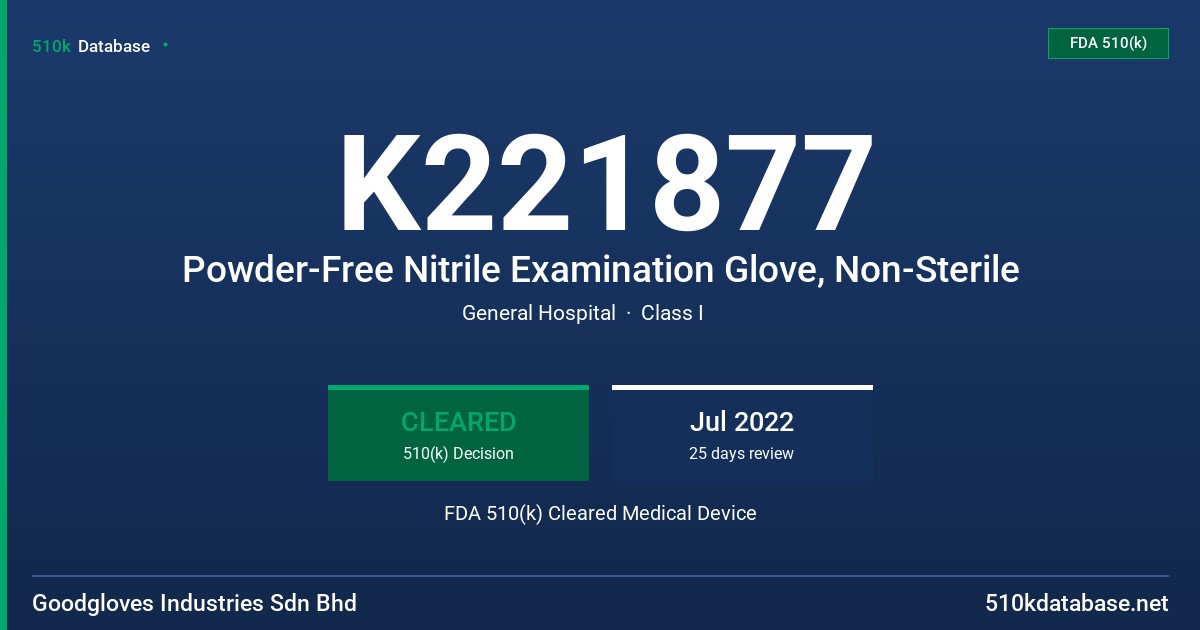 K221877 Powder-Free Nitrile Examination Glove, Non-Sterile FDA 510(k) Cleared Medical Device